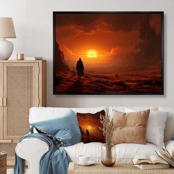 Designart "Solitary Desert Stroll Man I" Landscapes Framed Wall Art - Global Yellow Desert Entryway Framed Wall Art