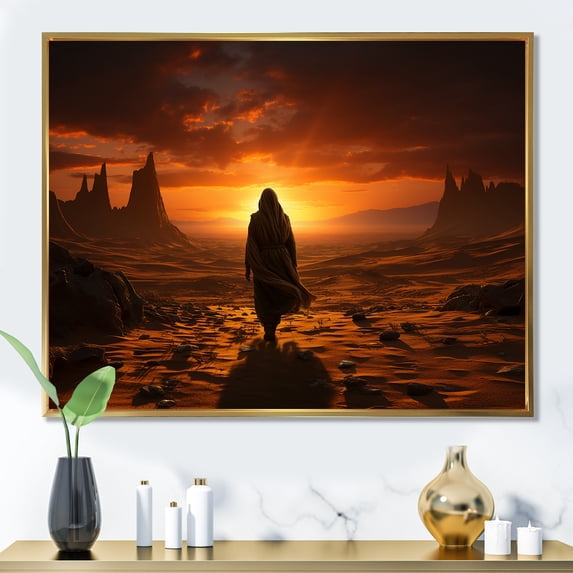 Designart "Solitary Desert Stroll Man II" Landscapes Framed Wall Art - Global Yellow Desert Hallway Framed Wall Art Decor