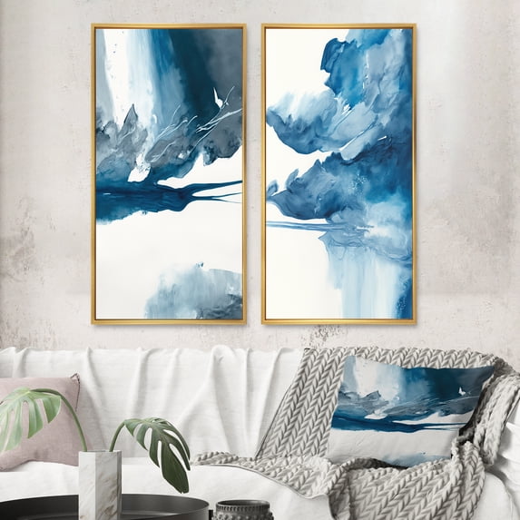 Designart "Solitary Majesty in Imperial Blue Splendor I" Abstract Liquid Ink Framed Wall Art Set Of 2 - Modern Blue Framed Canvas Set For Living Room Decor