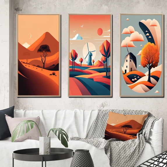 Designart "Solitary Tree Amidst Terra Cotta Mountains I" Landscape Mountains Framed Wall Art Set Of 3 - Orange Mountains Frame Gallery Set For Office Decor