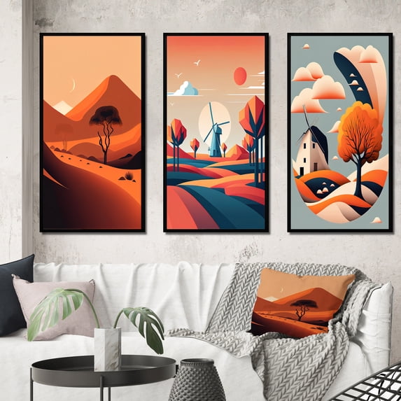 Designart "Solitary Tree Amidst Terra Cotta Mountains I" Landscape Mountains Framed Wall Art Set Of 3 - Orange Mountains Frame Gallery Set For Office Decor
