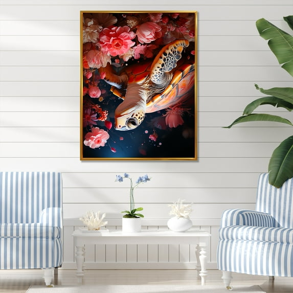Designart "Solitary Turtle In Romance" Animals Turtle Floater Framed Wall Art Living Room