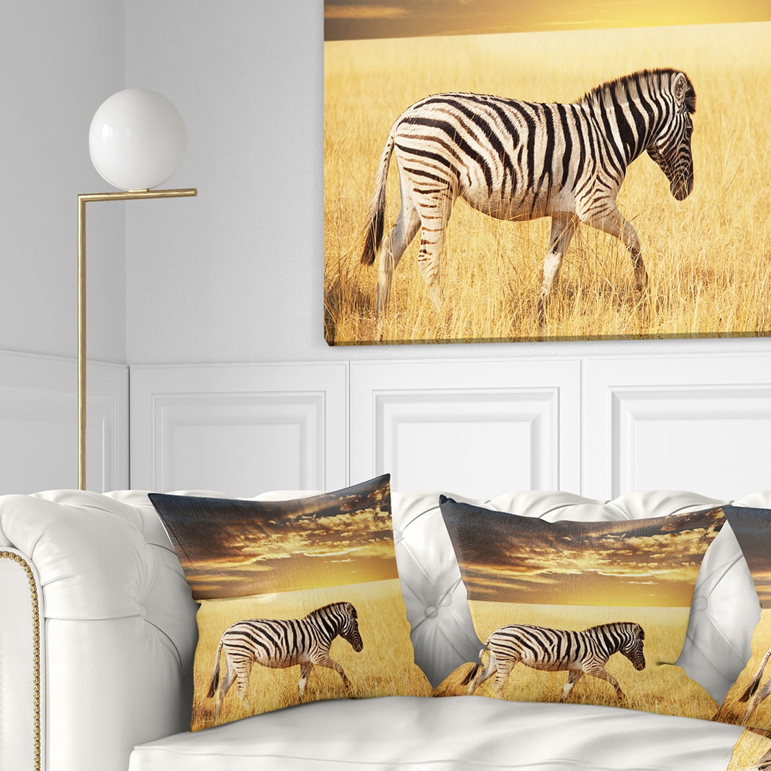 Designart Solitary Zebra Walking in Grassland - African Throw Pillow - 16x16