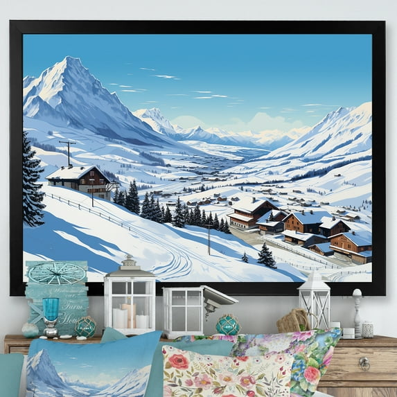 Designart "Solitude Amidst Alpine Mountains Winter Glow II" Landscapes Framed Wall Art Decor - Traditional White Mountains Winter Hallway Framed Wall Art Decor