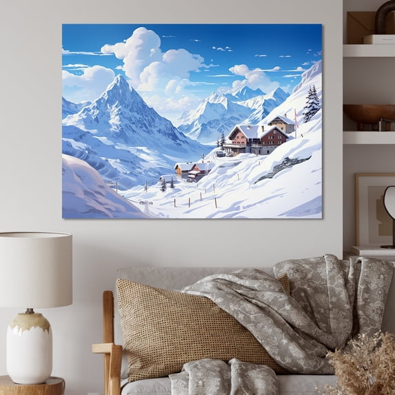 Designart "Solitude Amidst Alpine Mountains Winter Glow III" Extra Large Landscapes Wall Art - Traditional White Mountains Winter Hallway Wall Art Decor