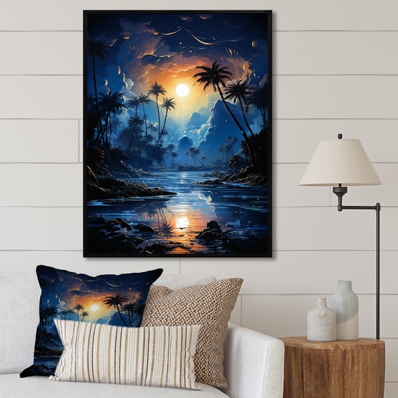 Designart "Solitude By The Shore With Sapphire Palms" Palms & Palm Trees Floater Framed Wall Art Living Room