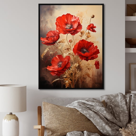 Designart "Solitude In Scarlet Poppies I" Poppies Floater Framed Wall Art Living Room