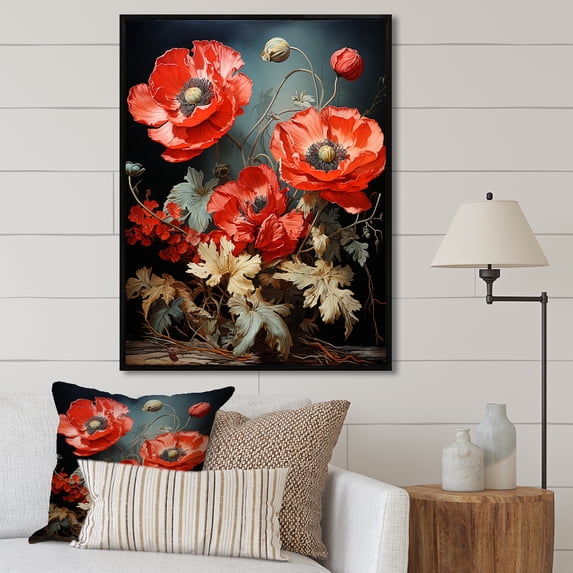 Designart "Solitude In Scarlet Poppies II" Poppies Floater Framed Canvas Wall Art