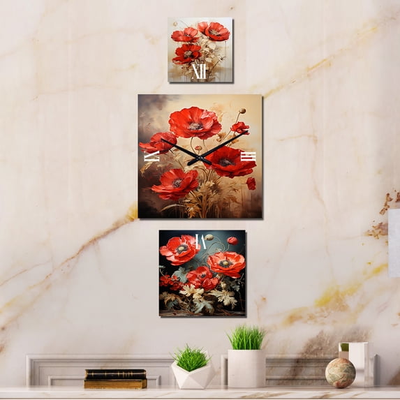 Designart "Solitude in Scarlet Poppies" Poppies Oversized Wall Clock - Set Of 3 - Extra large Traditional Clock For Office Décor - Large Vertical Clock
