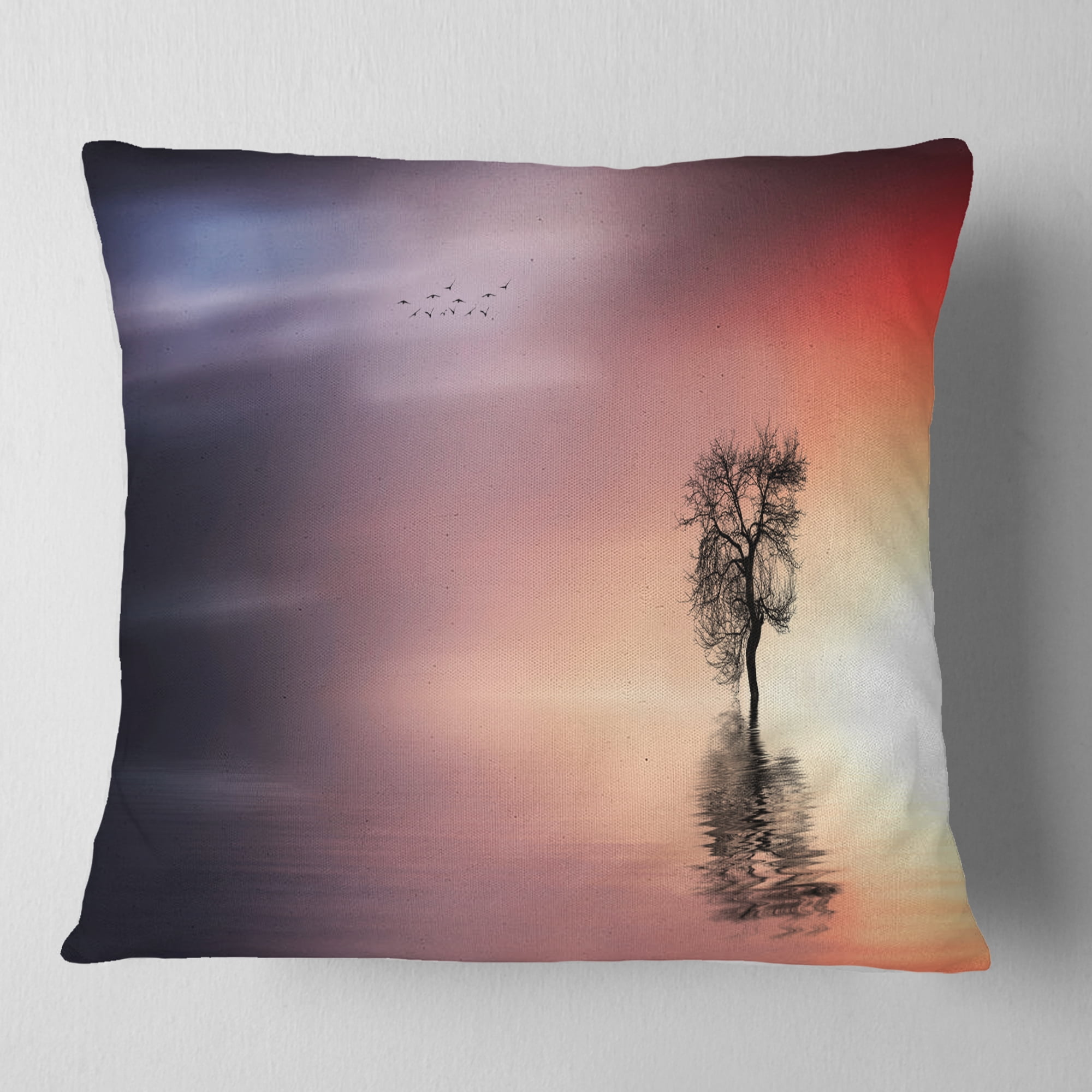 Designart Solitude Tree and Flying Birds - Landscape Printed Throw Pillow - 16x16