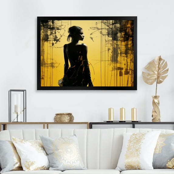 Designart "Solitude in Style Black and Yellow Fashion II" Fashion Framed Wall Art Decor - Glam Yellow Fashion Woman Living Room Framed Canvas Art