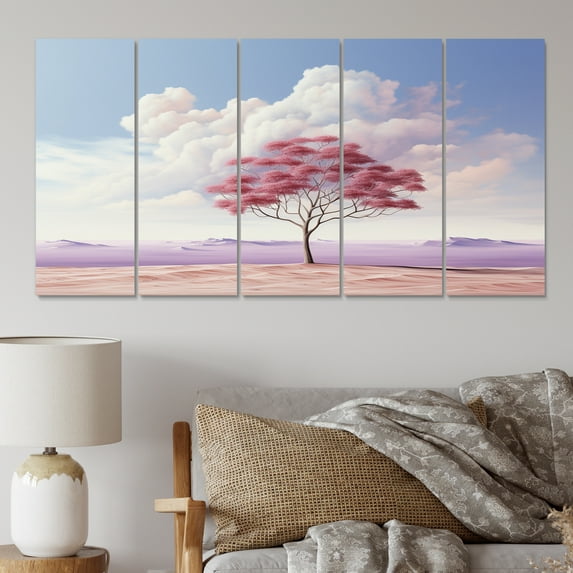 Designart "Solitude with a Minimalistic Pink Tree II" Landscape Trees Metal Wall Art Set