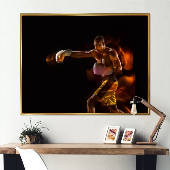 Designart "Solo Boxer Training Focus" Boxing Floater Framed Wall Art Living Room