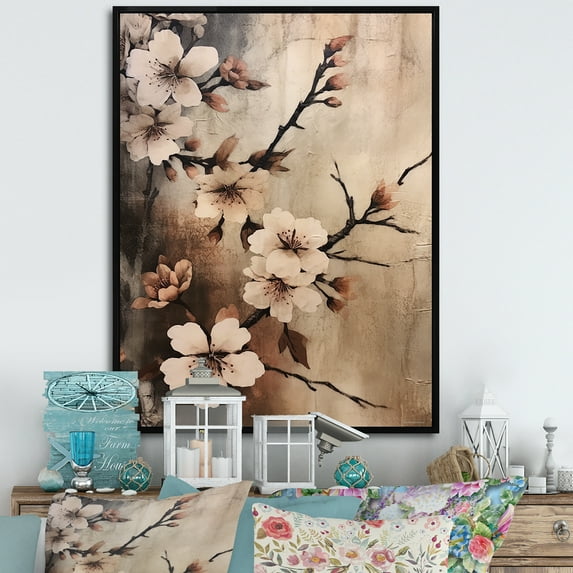 Designart "Somber Brown Cherry Blossoms Isolation" Cherry Floater Framed Canvas Wall Art