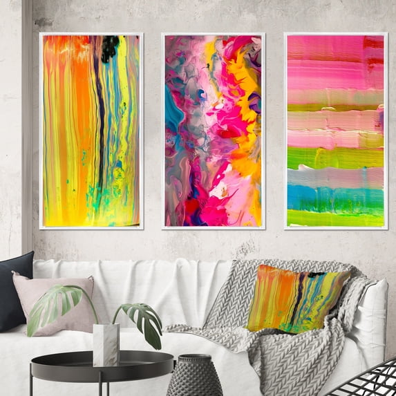 Designart "Soul in Motion Abstract with Liquid Yellow" Abstract Painting Framed Wall Art Set Of 3 - Yellow Modern Frame Gallery Wall Set For Home Decor