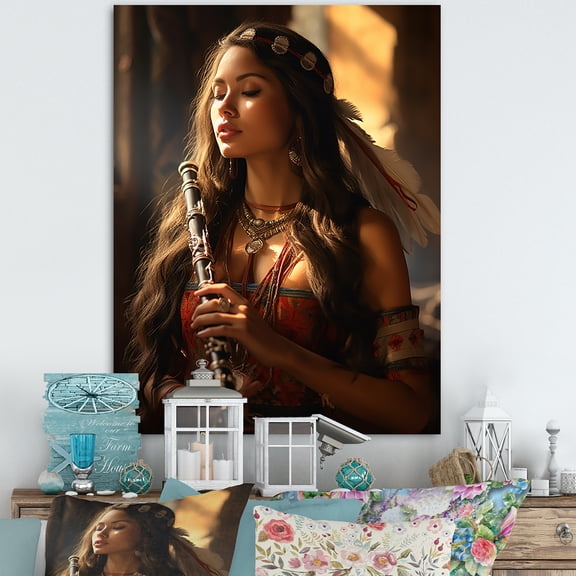 Designart "Soulful Flute in Native Art" Portrait Canvas Print