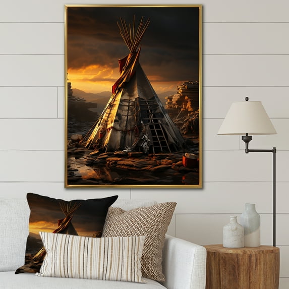 Designart "Soulful Sanctuary Beige and Black Native Tipi" Cityscapes Floater Framed Canvas Print