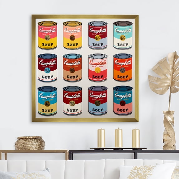 Designart "Soup Collage in Pop Art Style III" Food & Beverage Framed Wall Art Decor - Traditional Red Milk Bedroom Framed Canvas Wall Art