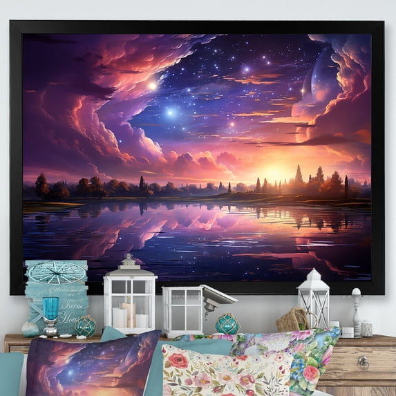 Designart "Space Landscape Pink Moon Sunrise II" Landscapes Framed Wall Art Decor - Modern Pink Abstract Landscapes Entryway Framed Wall Art