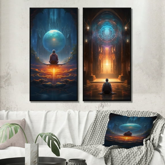 Designart "Space Meditation Inner Light Connection I" Robot Framed Wall Art Set Of 2 - Modern Blue Frame Gallery Set For Office Decor