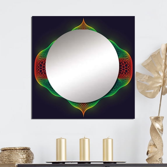 Designart "Spacey Cosmic Mandala In Crimson And Viridian" Fractals Square Mirror For Wall Decor - Large Red Square Printed Wall Mirror Art - Wall Mounted Square Large Mirror