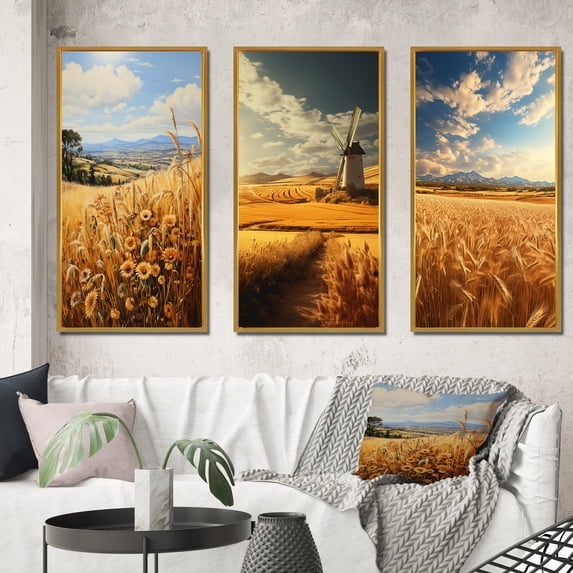 Designart "Spain Golden landscapes Mediterranean III" Farmhouse Framed Wall Art Set Of 3 - Yellow Spain Frame Gallery Set For Office Decor