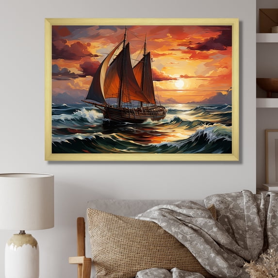 Designart "Spanish Heritage Pirate Ship Legacy I" Transportation Framed Wall Art Decor - Modern Orange Boat Sailing Bedroom Framed Canvas Wall Art
