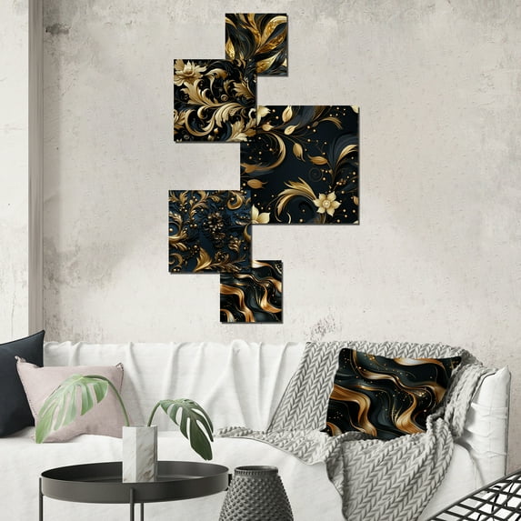 Designart "Sparkling Gold Glitz And Glamour" Marble Wall Art Set Of 5 - Gold Glam Living Room Metal Art Set