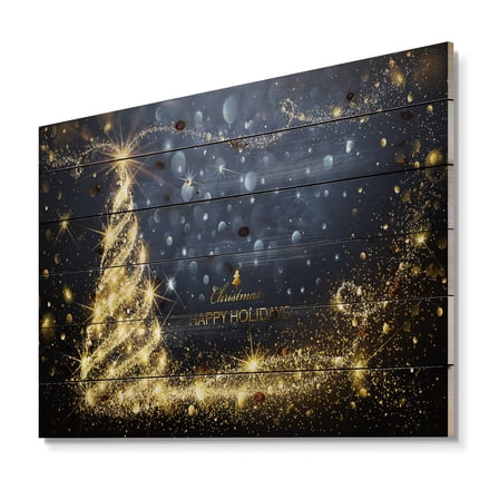 Designart 'Sparkling Shining Light Christmas Tree' Print on Natural Pine Wood