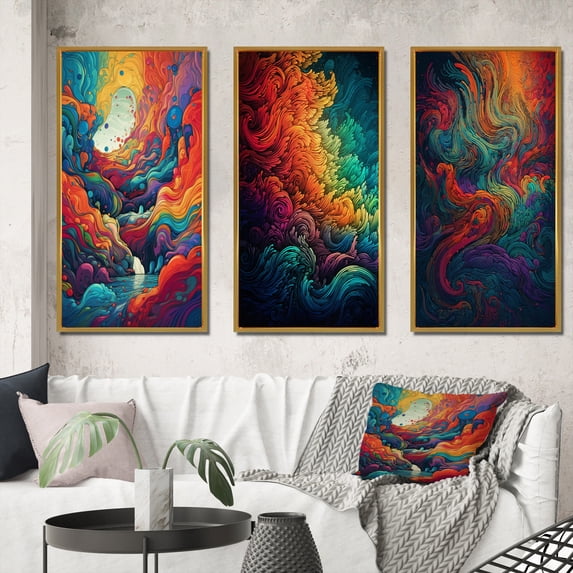 Designart "Spectrum Serenity Colored Waves III" Modern Waves Framed Wall Art Set Of 3 - Orange Modern Waves Frame Gallery Wall Set For Home Decor
