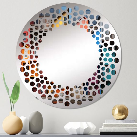 Designart "Spectrum's Rustic Charm I" City Buildings Polka Dot Round Wall Mirror - Cityscapes Oval Printed Decorative Mirror - Multiple Color Options
