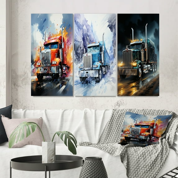 Designart "Speed Demon on Wheels Semi Truck II" Truck Wall Art Set Of 3 - Multi-Color Truck Gallery Set For Office Decor