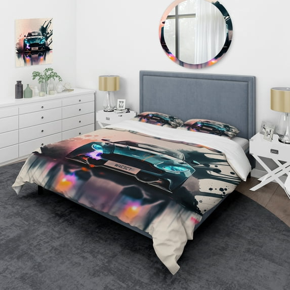 Designart "Speed Unleashed Vintage Classics I" Cars Luxury Bedding Covert Set - Traditional Green Performing Arts Bed Set With 2 Shams