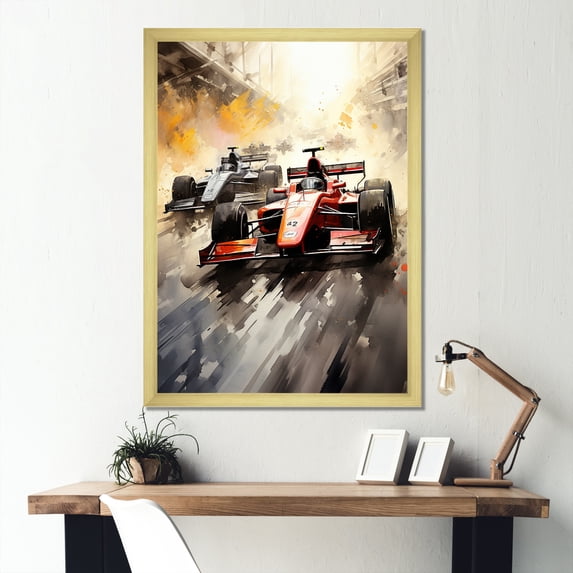 Designart "Speedy Formula One Car on Speedway IV" Architecture Framed Wall Art - Modern Red Race Tracks Entryway Framed Wall Art