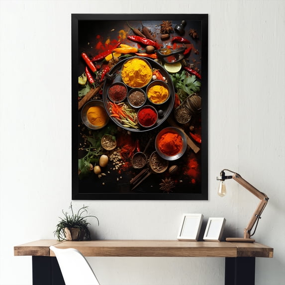 Designart "Spices of India in Indian Art III" People Framed Wall Art - Global Yellow Indian Art Living Room Framed Canvas Art
