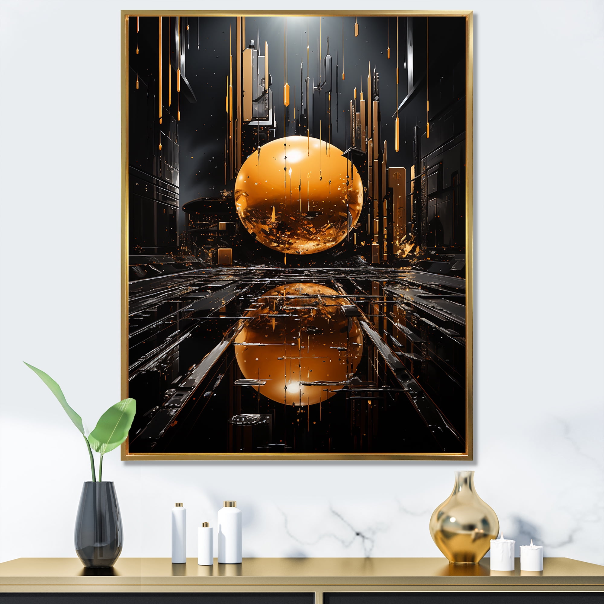 Designart "Spiral Graffiti Black and Gold Design II" Abstract Framed