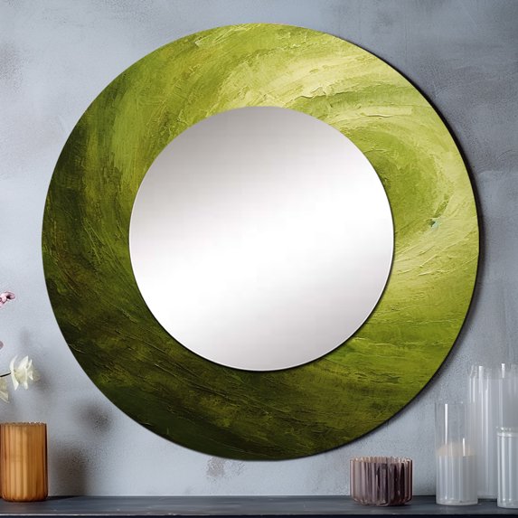 Designart "Spiral of the Green Orbit I" Abstract Spirals Rund Mirror For Wall Decor - Large Green Round Print Mirror - Round Modern Mirror - Wall Mounted Round Large Mirror - 36" x 36"