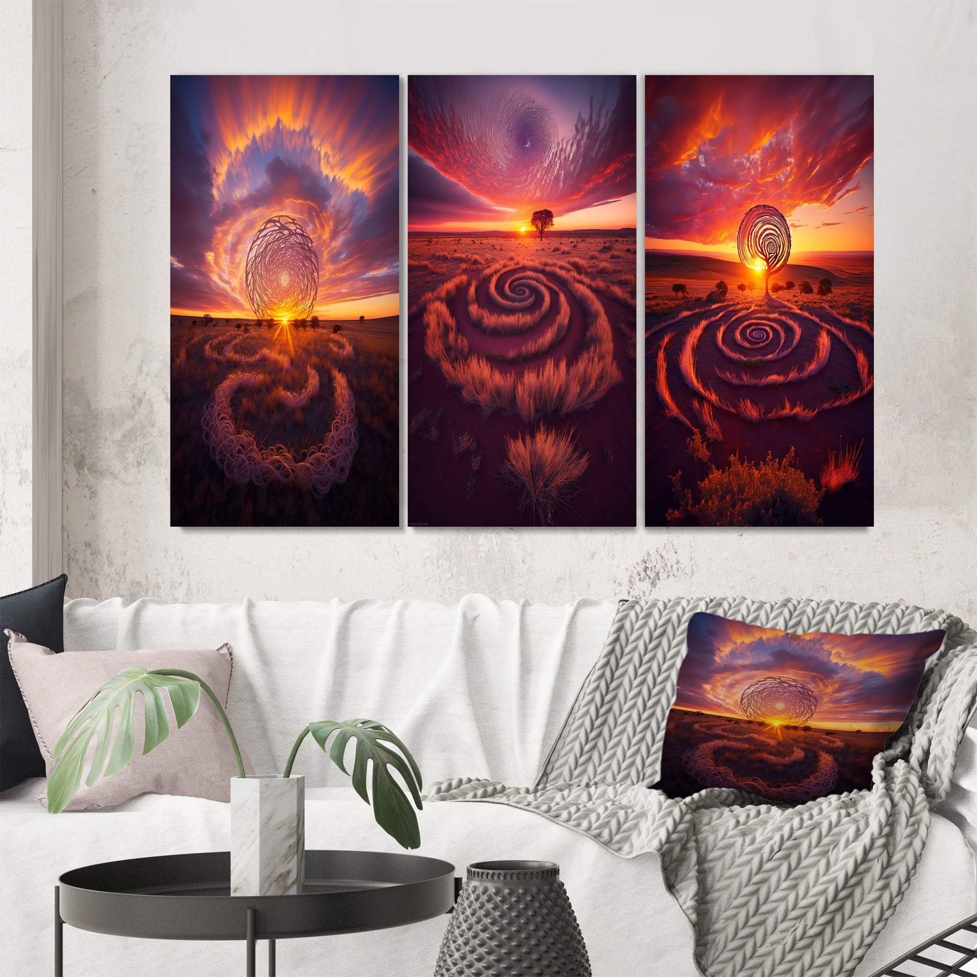 Designart "Spiral Land Art Vibrant Pink Sunset VII" Storms Wall Art Set