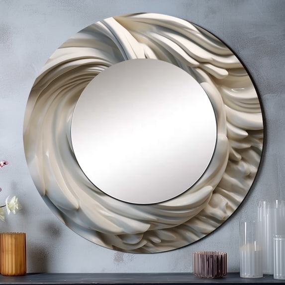Designart "Spiral Nebula in Cream I" Abstract Spirals Cream Large Round Mirror - Round Bedroom Mirror Wall Decor - Modern Round Printed Mirror - 23" x 23"