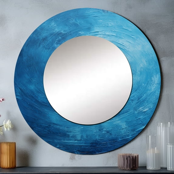 Designart "Spiral Of Abstract Rhythmic Revolution" Abstract Spirals Rund Mirror For Wall Decor - Large Blue Round Printed Mirror -Modern Round Living Room Mirror - 29" x 29"