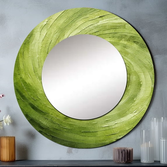 Designart "Spiral Of The Green Orbit" Abstract Spirals Rund Mirror For Wall Decor - Large Green Round Printed Mirror -Modern Round Living Room Mirror - 29" x 29"