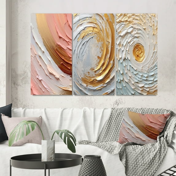 Designart "Spiral Radiance Peach Gold Brilliance" Abstract Spirals Wall Art Set Of 3 - Peach Spirals Canvas Set For Living Room Decor