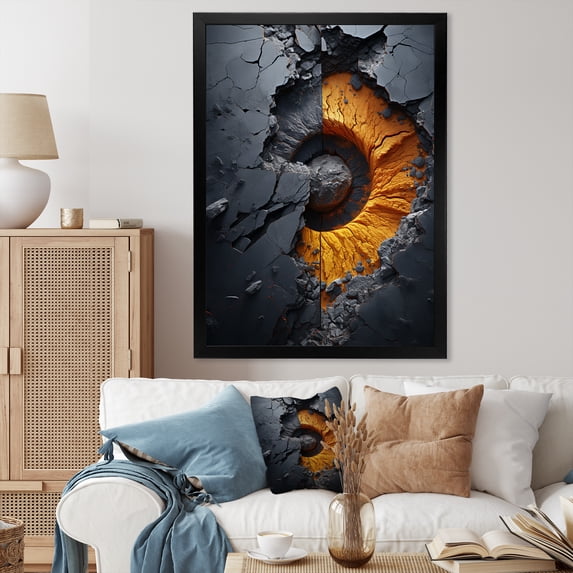Designart "Spiral of Lava in Yellow and Grey Volcano" Abstract Framed Wall Art - Modern Yellow Abstract Spirals Living Room Framed Canvas Art