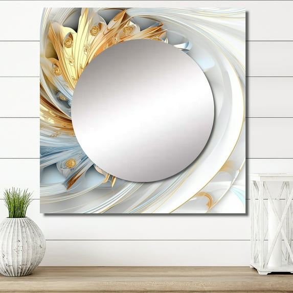 Designart "Spiraling Amidst Opulent Fractals In Gold And White II" Fractals Square Mirror For Wall Decor - Large Gold Square Mirror Printed Wall Decor - Transitional Square Living Room Mirror