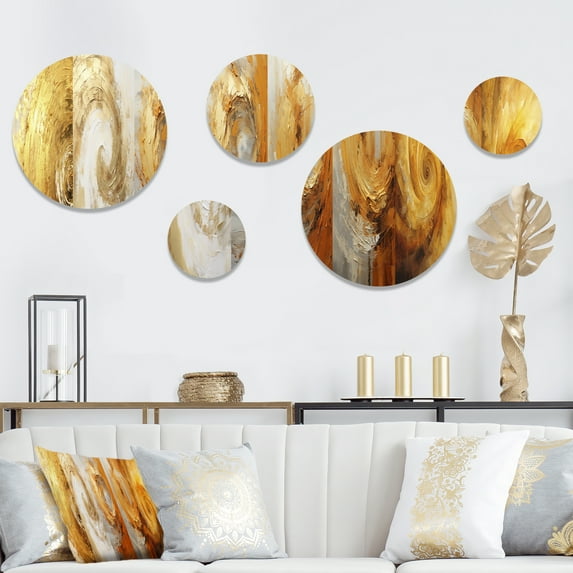 Designart "Spiraling Energy In Ebullience" Abstract Spirals Round Wall Art Set Of 5 - Gold Modern Wall Living Room Decor Set