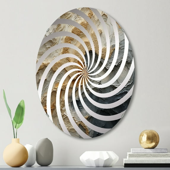 Designart "Spiraling Gold and Beige River" Abstract Painting Vortex Round Wall Mirror - Abstract Oval Printed Decorative Mirror - Multiple Color Options