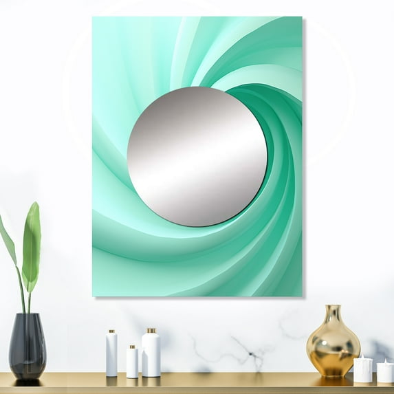 Designart "Spiraling Green Whimsical Whorl" Abstract Spirals Mirror Wall Decor - Modern Green Abstract Large Mirror Wall Decor For Bedroom - 32" x 24" Inch