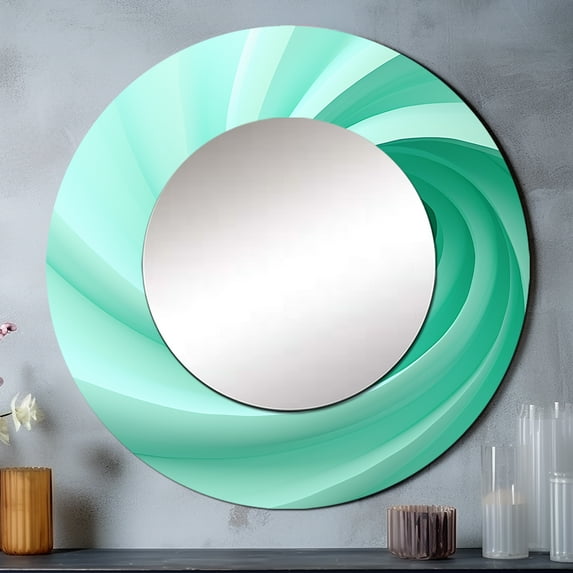 Designart "Spiraling Green Whimsical Whorl" Abstract Spirals Rund Mirror For Wall Decor - Large Green Round Print Mirror - Round Modern Mirror - Wall Mounted Round Large Mirror - 23" x 23"