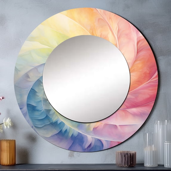 Designart "Spiraling Rainbow Serenade" Abstract Spirals Multicolor Large Round Mirror - Round Office Mirror Wall Decor - Modern Round Printed Mirror - 29" x 29"