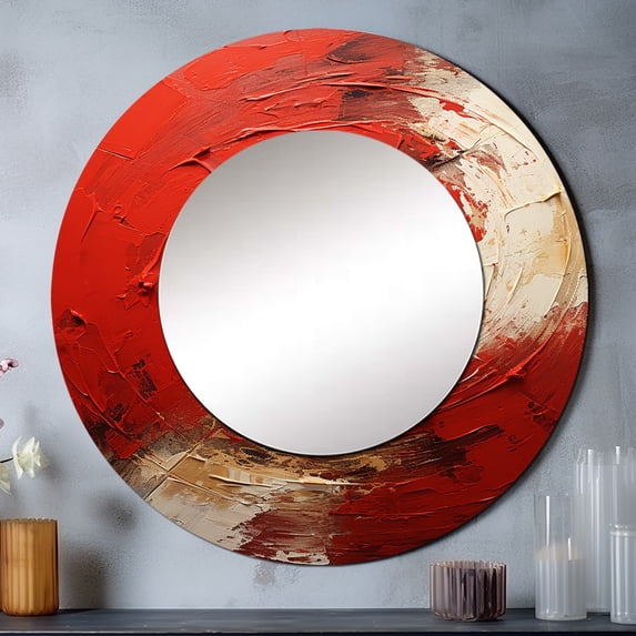 Designart "Spiraling Red and Gold Whimsical Whirl I" Abstract Spirals Rund Mirror For Wall Decor - Large Red Round Printed Mirror -Modern Round Living Room Mirror - 29" x 29"
